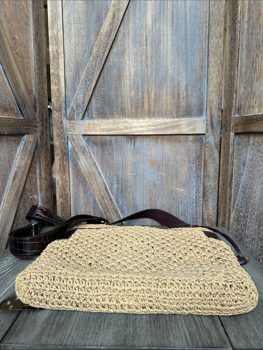 Brighton Woven Straw & Faux Crocodile Leather Crossbody Bag Purse - Picture 3 of 15